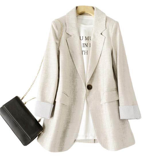 Women Fall Spring Suit Coat Formal Business Style Solid Color Single Button Long Sleeve Lapel Pockets Striped Cuff Slim Fit OL Commute Cardigan Jacket