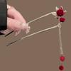 Elegant Red Velvet Rose Hair Stick with Golden Metal Frame Zircon Accent And Red Bead Tassel Retro Hanfu Style Hair Accessory