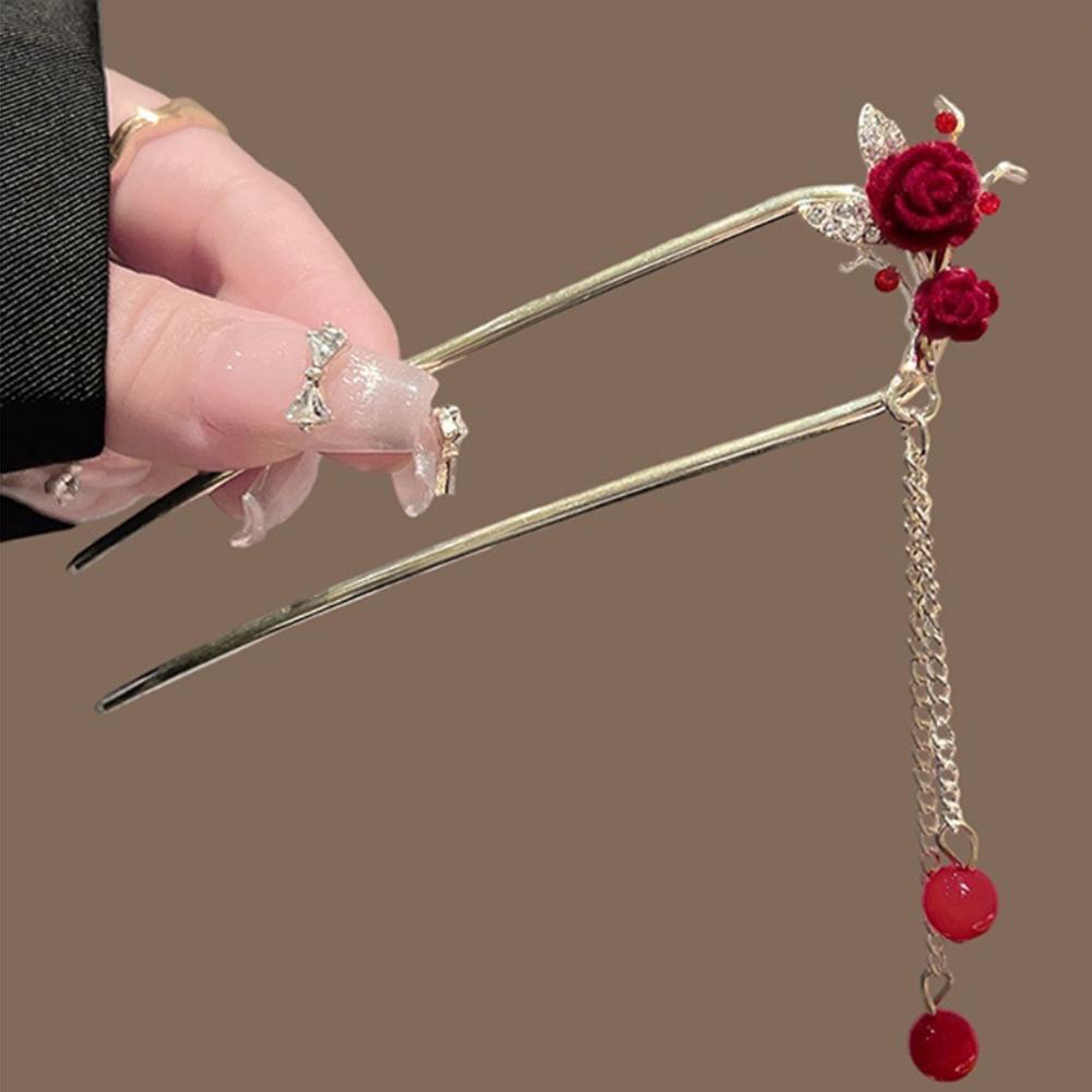 Elegant Red Velvet Rose Hair Stick with Golden Metal Frame Zircon Accent And Red Bead Tassel Retro Hanfu Style Hair Accessory