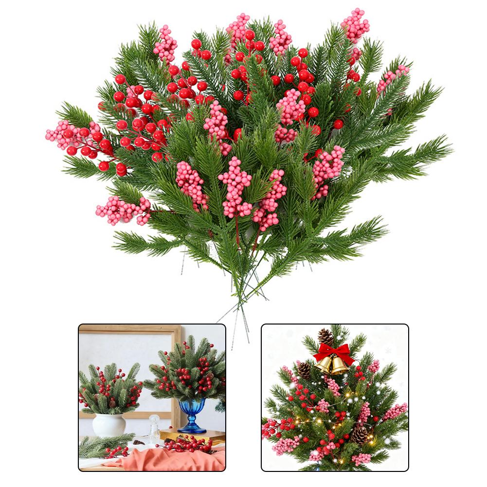 Artificial Pine Needle Branches with Berries for Christmas Holiday DIY Decoration Lightweight Flexible Material Set