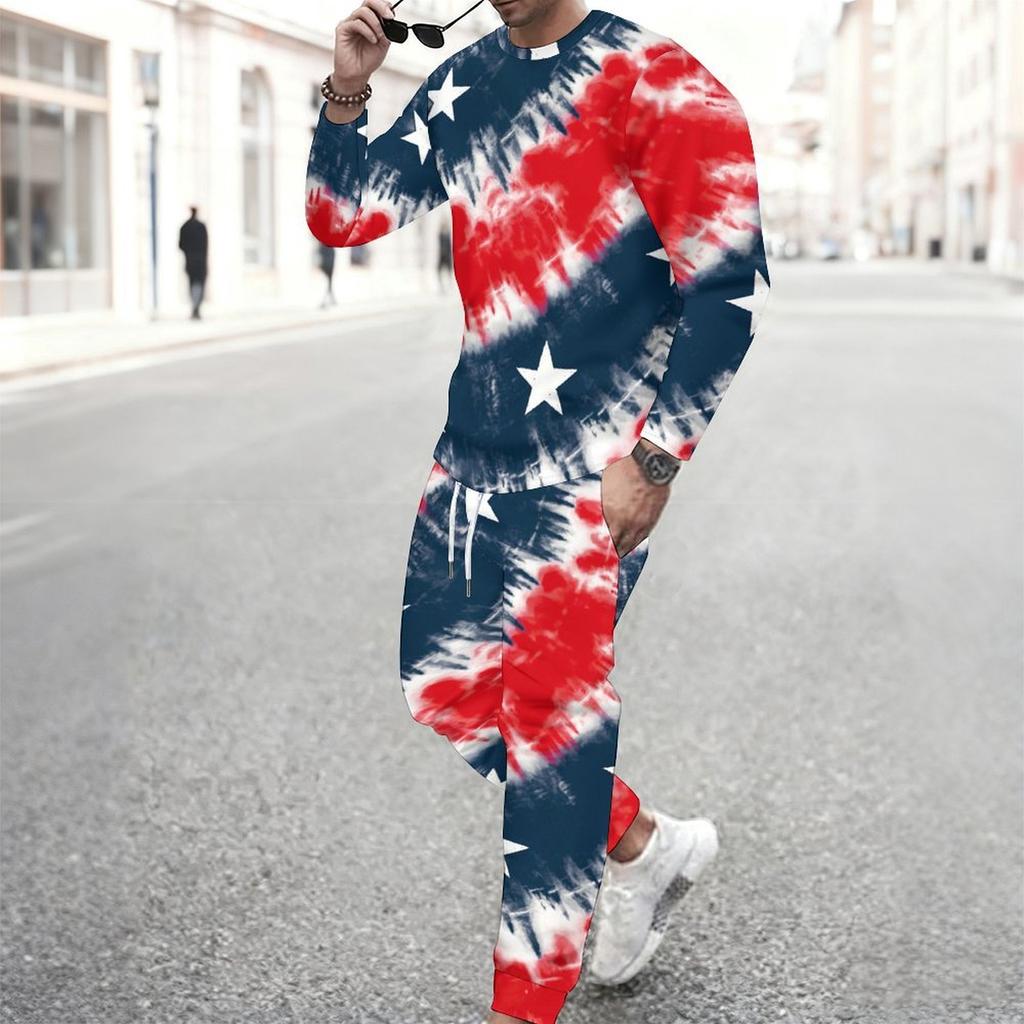 Men Dark Blue Patriotic Popsicle Print Long Sleeve Sweatshirt And Drawstring Jogger Pants Two Piece Outfit