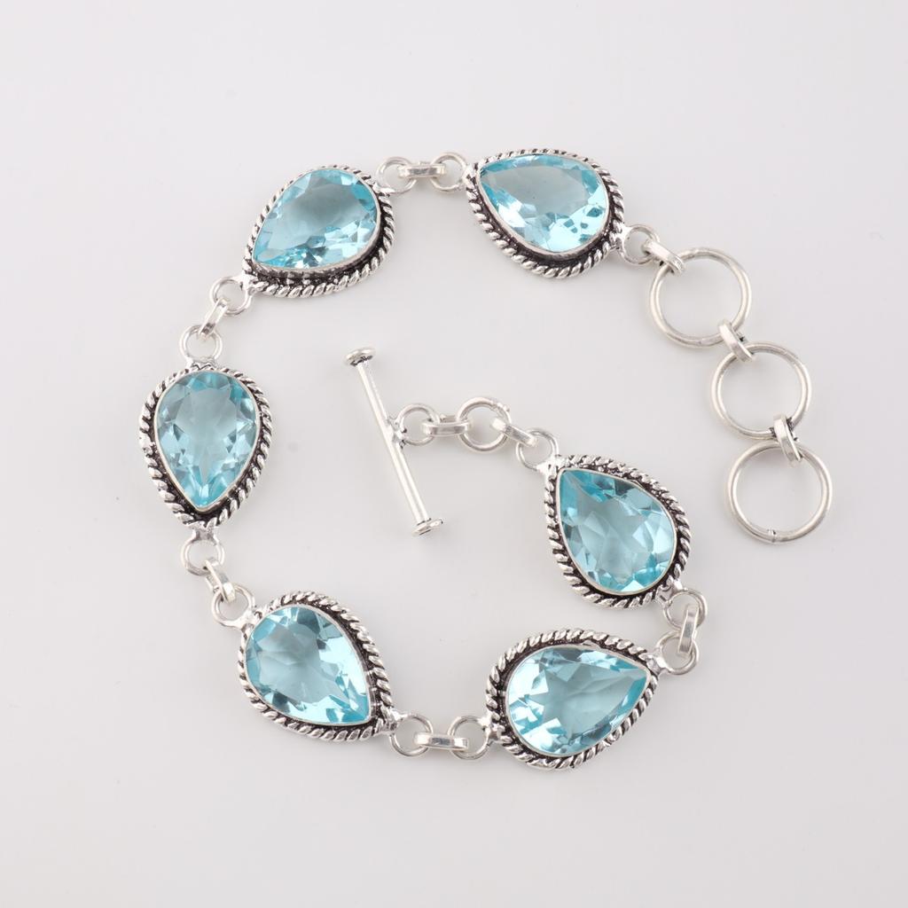 Himmelblauer Topas Edelstein 925 Sterlingsilber Schmuck Handgefertigt Damen Armband 7-9" RB-18-3