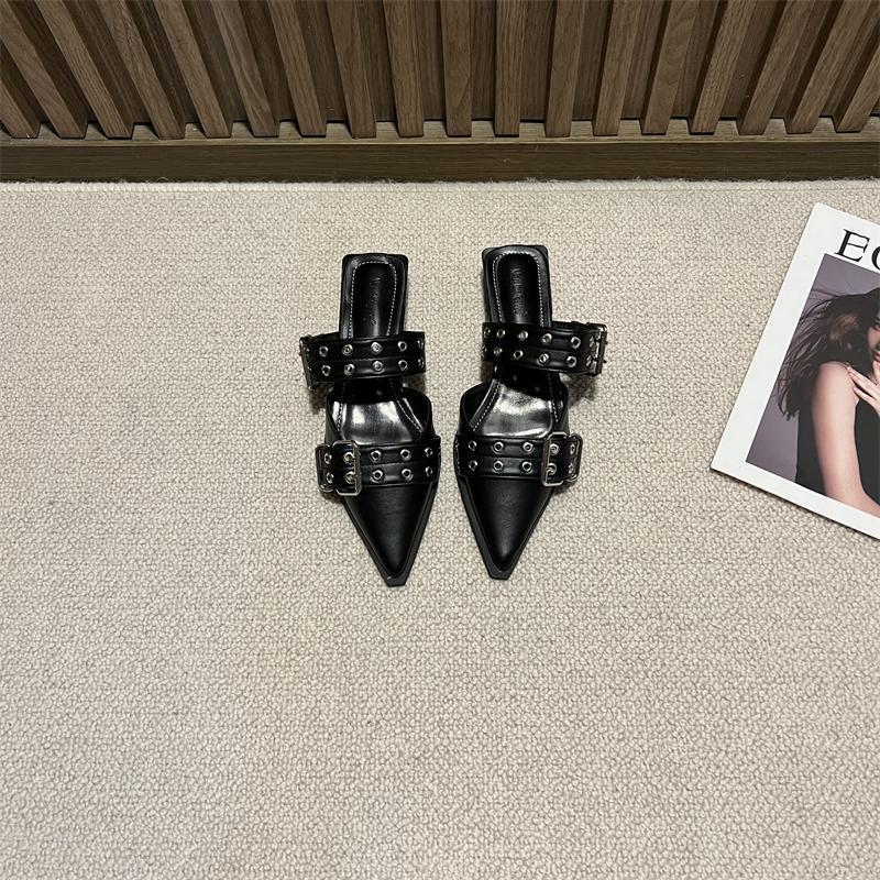 Thick heel niche design bag head half slippers women's shoes summer 2025 new metal buckle versatile muller shoes