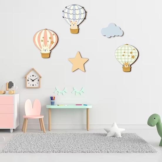 5 Pcs Star Cloud Hot Air Balloon Nursery Decor Boho Wooden Wall Hanging Sign for Bedroom Classroom Playroom Baby Shower Decoration