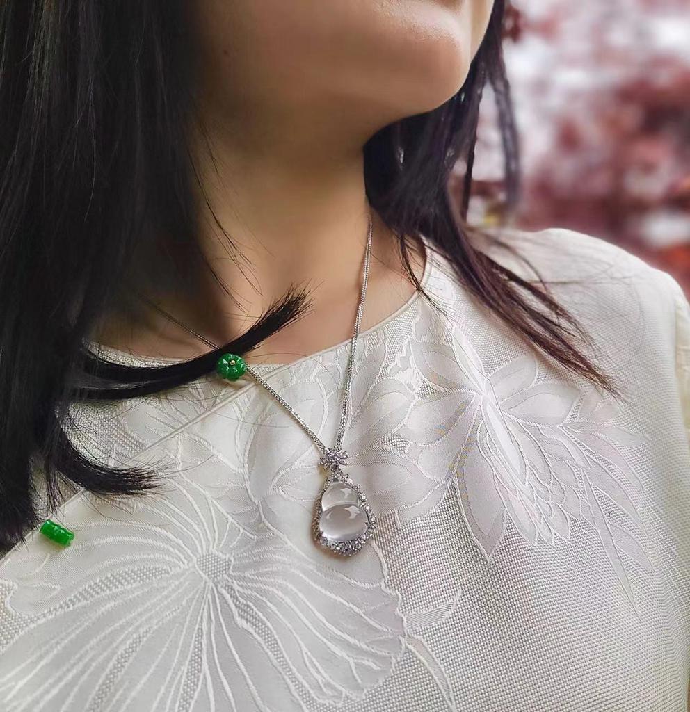 Pure Silver S925 Natural Mizzonite Jade Gourd Pendant Necklace - High Ice Variety for Women, with Chinese Style Fu Lu Charm