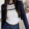 2KWEIRD Letter Print T-Shirt Women Spring Long Sleeve Patchwork Tops Fashion Retro Contrast Color Crop Top Hot Girl Kpop Skinny Y2K Tees