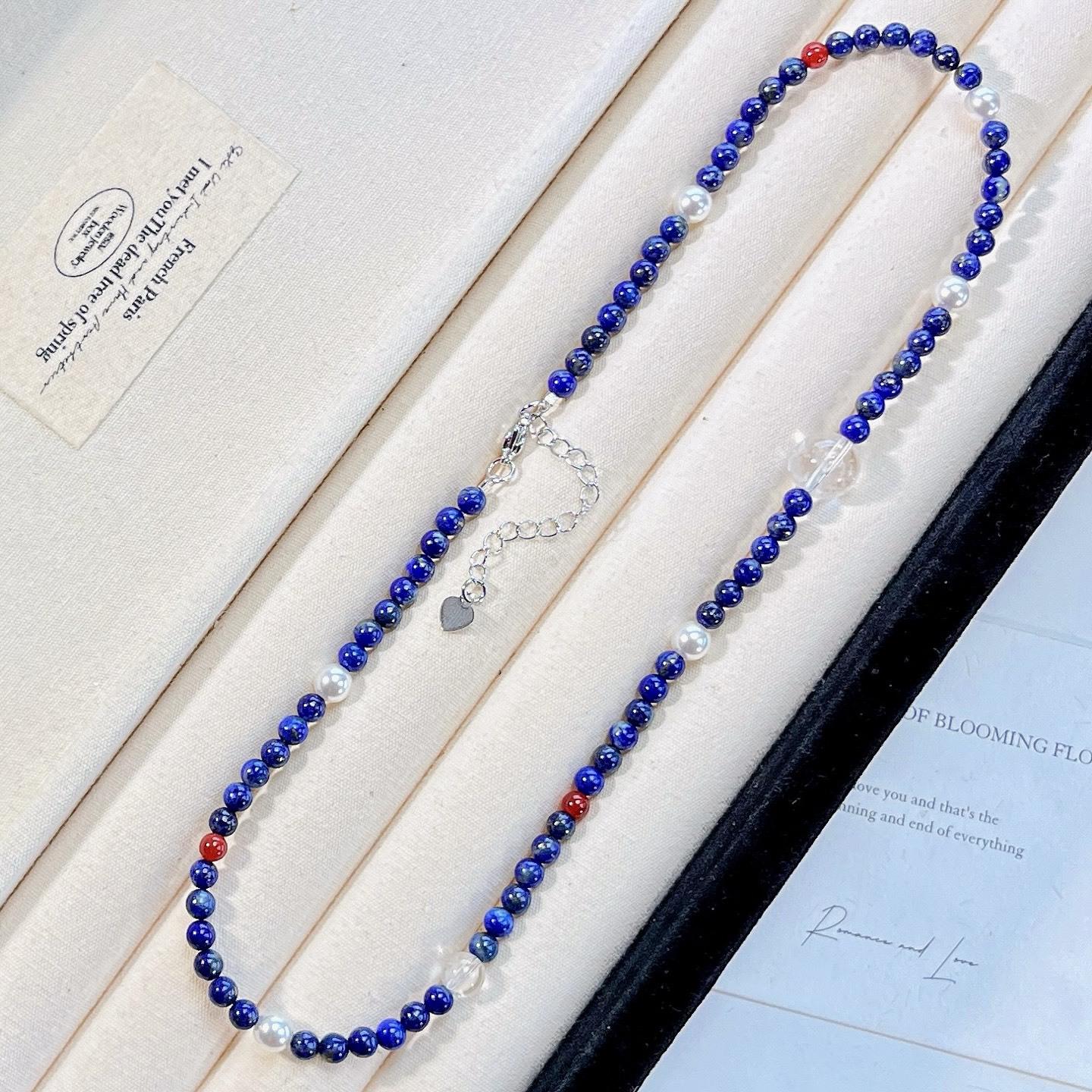 Natural Lapis Lazuli White Crystal Chalcedony Artificial Crystal Pearl Collarbone Chain Necklace