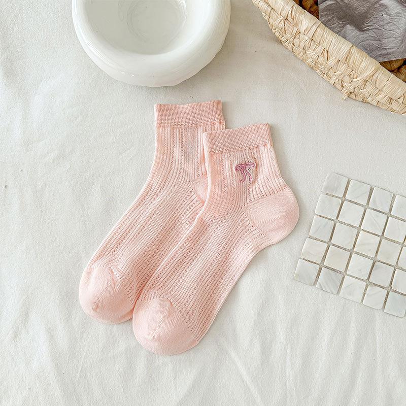 Women's Summer Thin Transparent Mesh Bow Embroidered Ballet Style Boneless Short Cotton Socks
