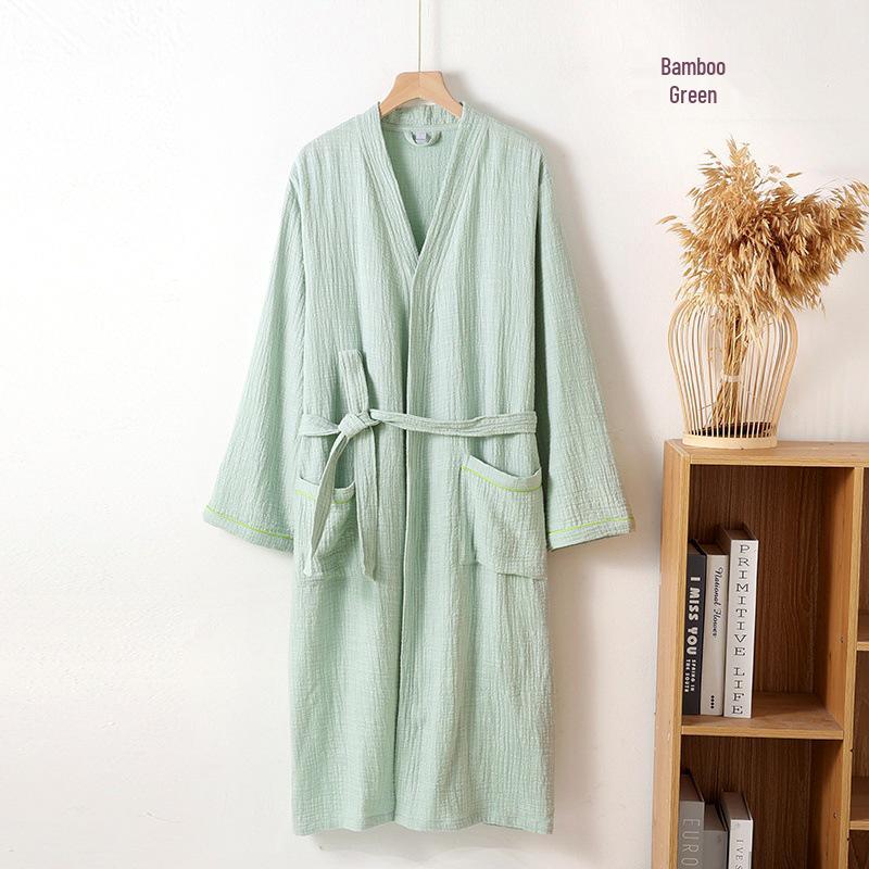 

Халат унисекс из трехслойной марли: Впитывает воду, приятен на ощупь, с зеленым воротником-кимоно для комфорта в любое время года. XXL