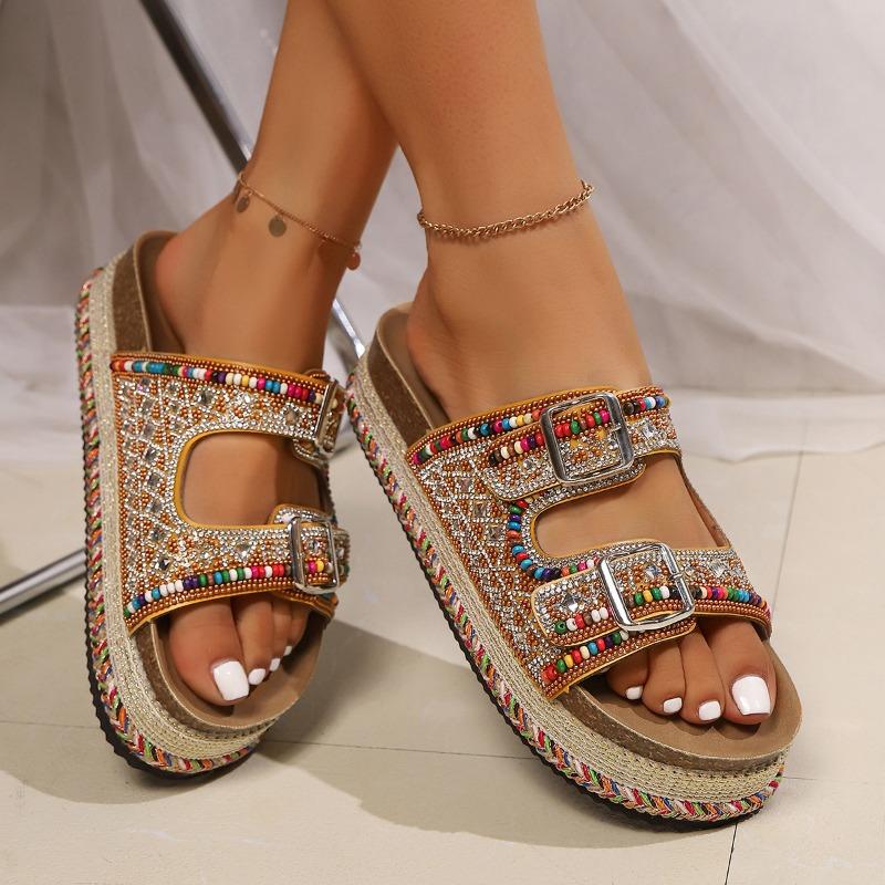 Women's Wide Width Cork Sandals, Rhinestone & Bead Platform Slides, Colorful Double Buckle Slippers for Women