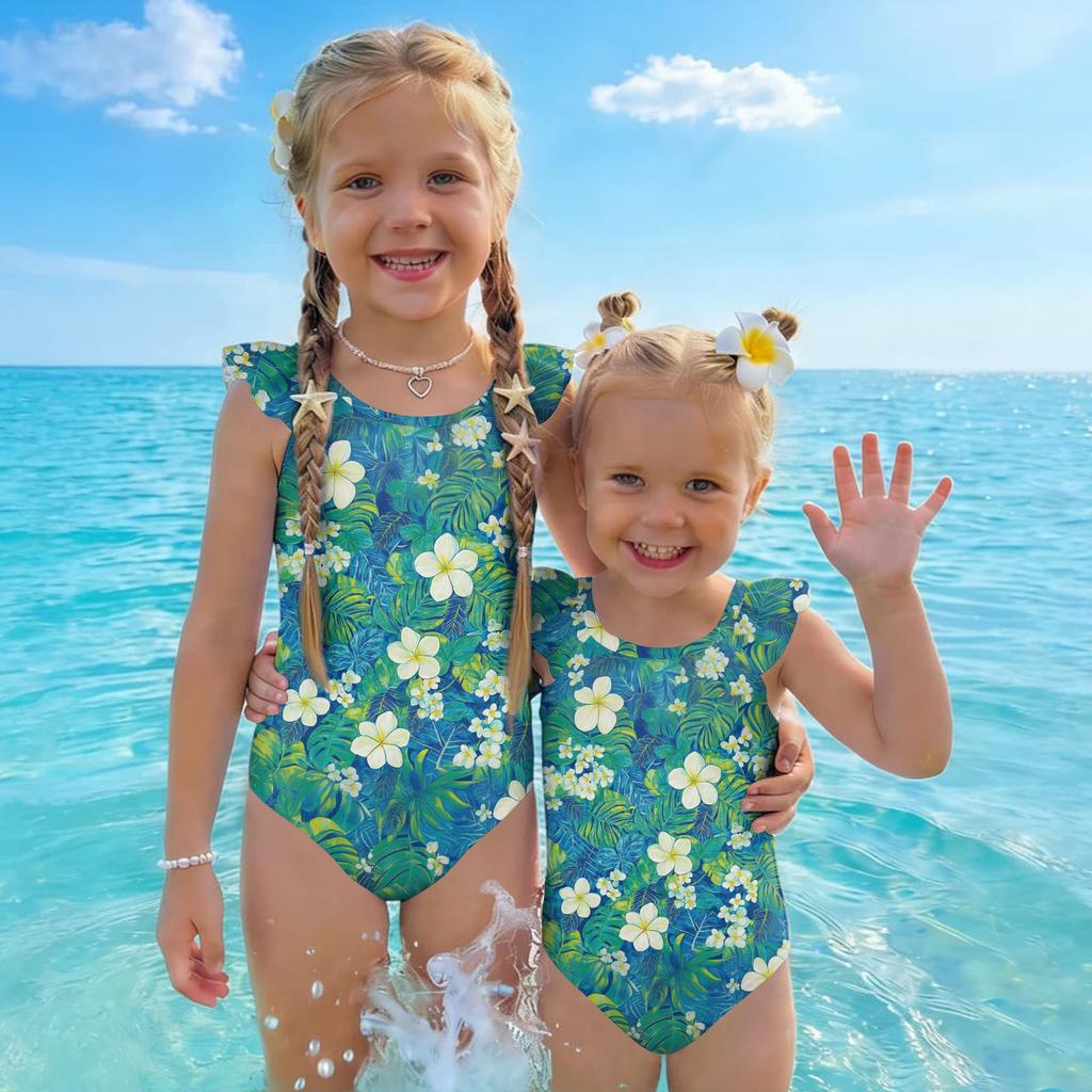 Girls One Piece Swimsuit Hawaiian Print Kids Swimwear Toddler Child Beachwear Sleeveless Ruffle Shoulder Bathing Suit for Summer Pool