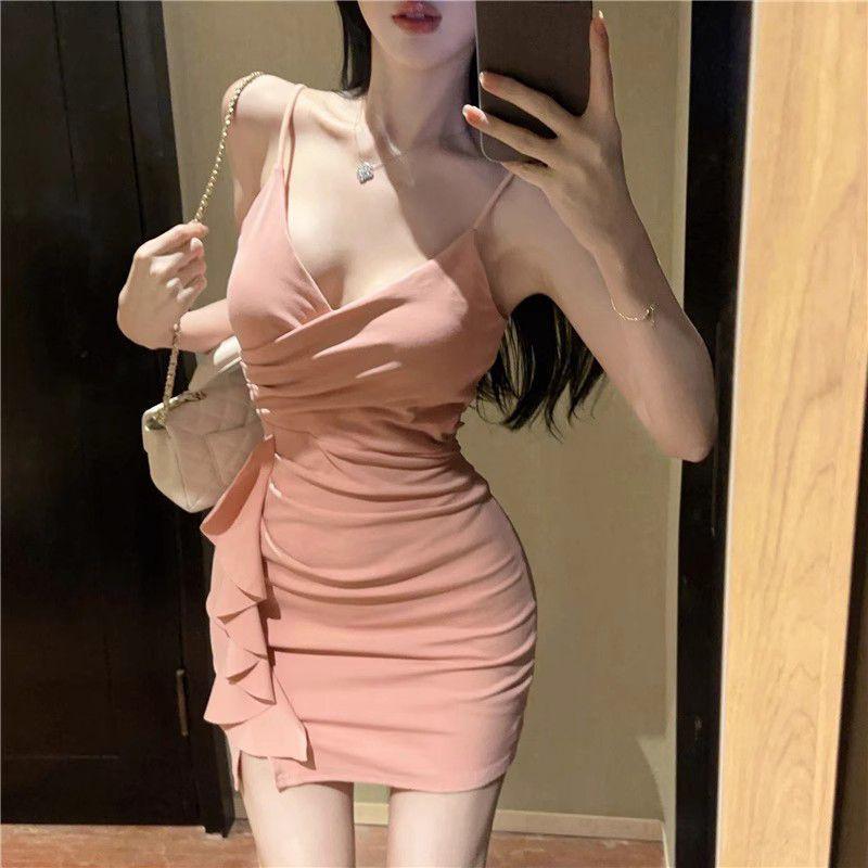 Sexy Low-Cut Spaghetti Strap Bodycon Dress – Elegant Nightclub & Socialite Style Skirt XL (Fits 115-125 lbs)