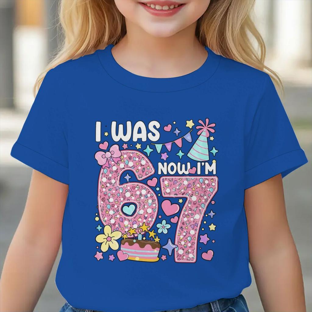 Girls I Was 6 Now I'm 7 T-shirt 7th Birthday Shirt Round Neck Short Sleeve Cotton Tee Age 7 Outfit Number Print Girls Clothes