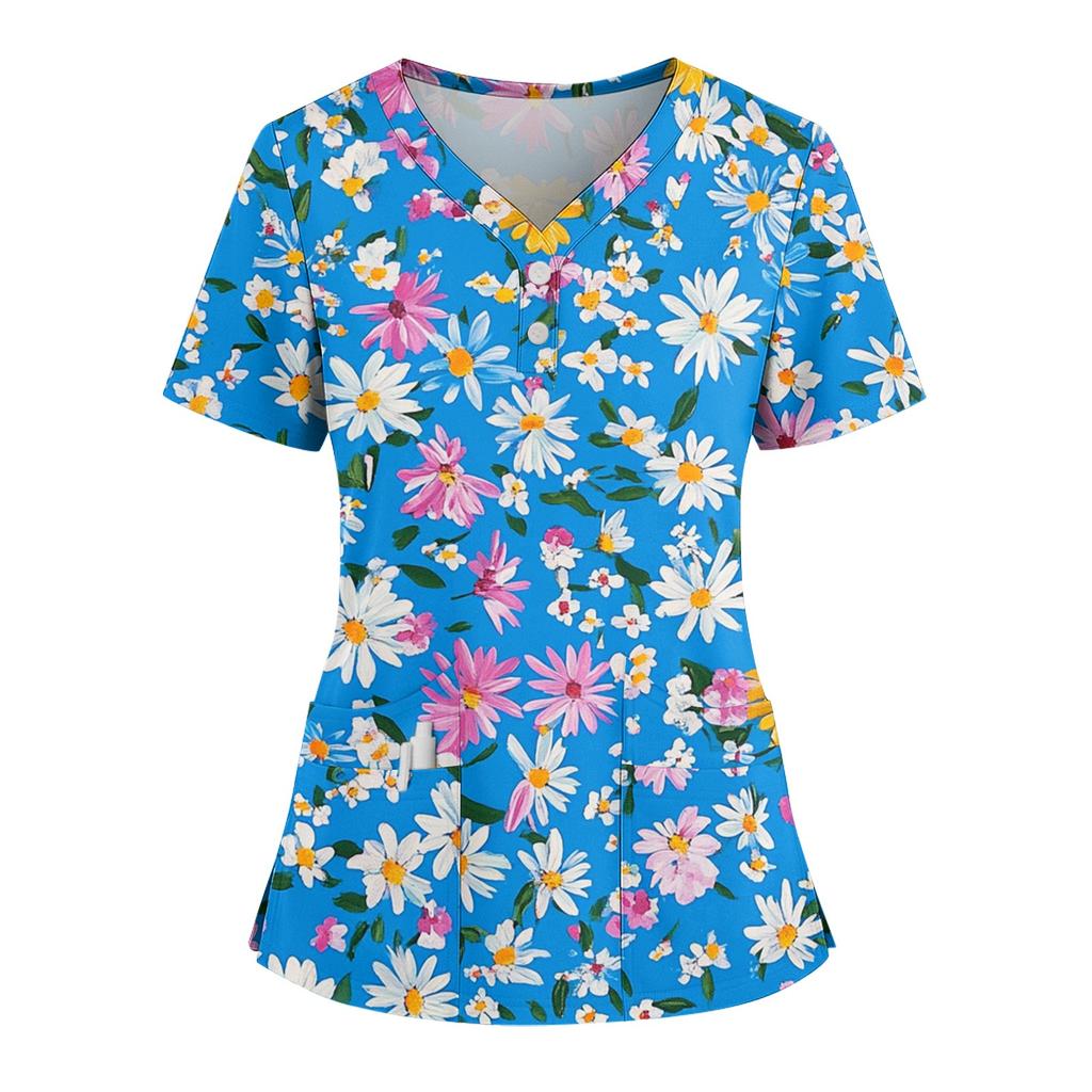 Women's Loose Short Sleeved Fashionable Flowers And Plants Printing V-neck Buttonable Side Slit Top T-shirt