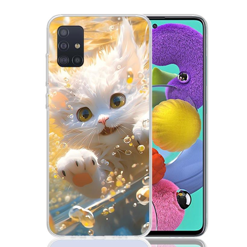 Cartoon Cute Cat Fish Aesthetic Phone Case For Samsung Galaxy A52 A32 A22 A12 A02S A50S A30S A51 A31 AA71 Note 20 Ultra 10 S10 P