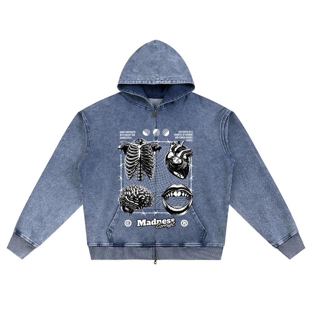 DTG-Druck Strick-Denim Zip-Up Hoodie Madness Corrupt Brother Print Reißverschluss-Hoodies