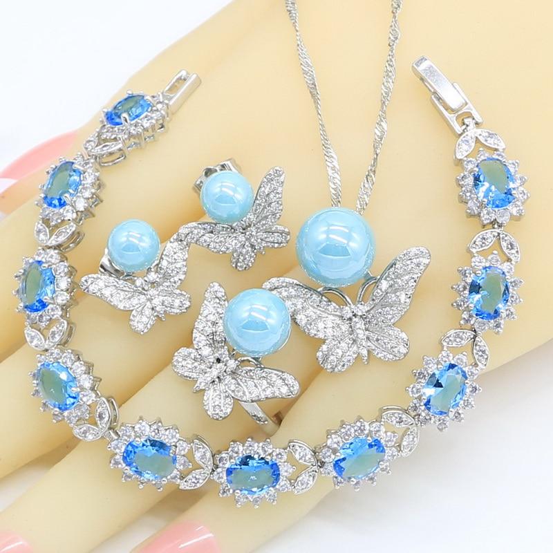

WPAITKYSPearl ювелирные наборы для женщин серебряный цвет серьги-гвоздики кольца ожерелье кулон небесно-голубой браслет с кристаллами