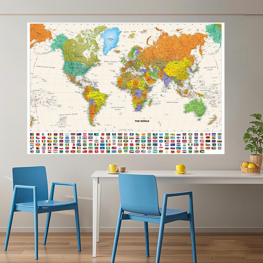 World Map-Countries with Cities,Unframed World Map,Wall Decor for Living Room,Bedroom,Home,Office,Modern Art,Travel Tool