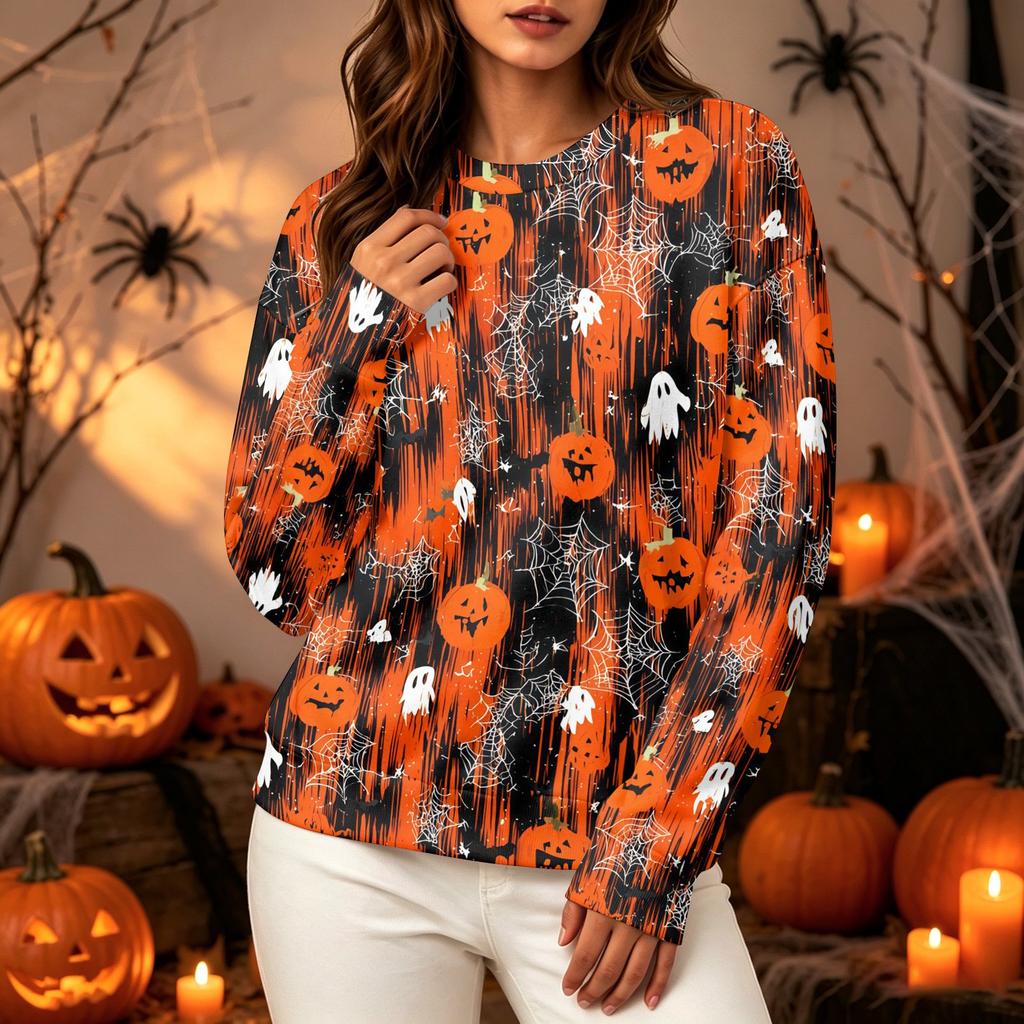 Women's Halloween Print Long Sleeve Neck Sweatshirt Top for Casual Wear