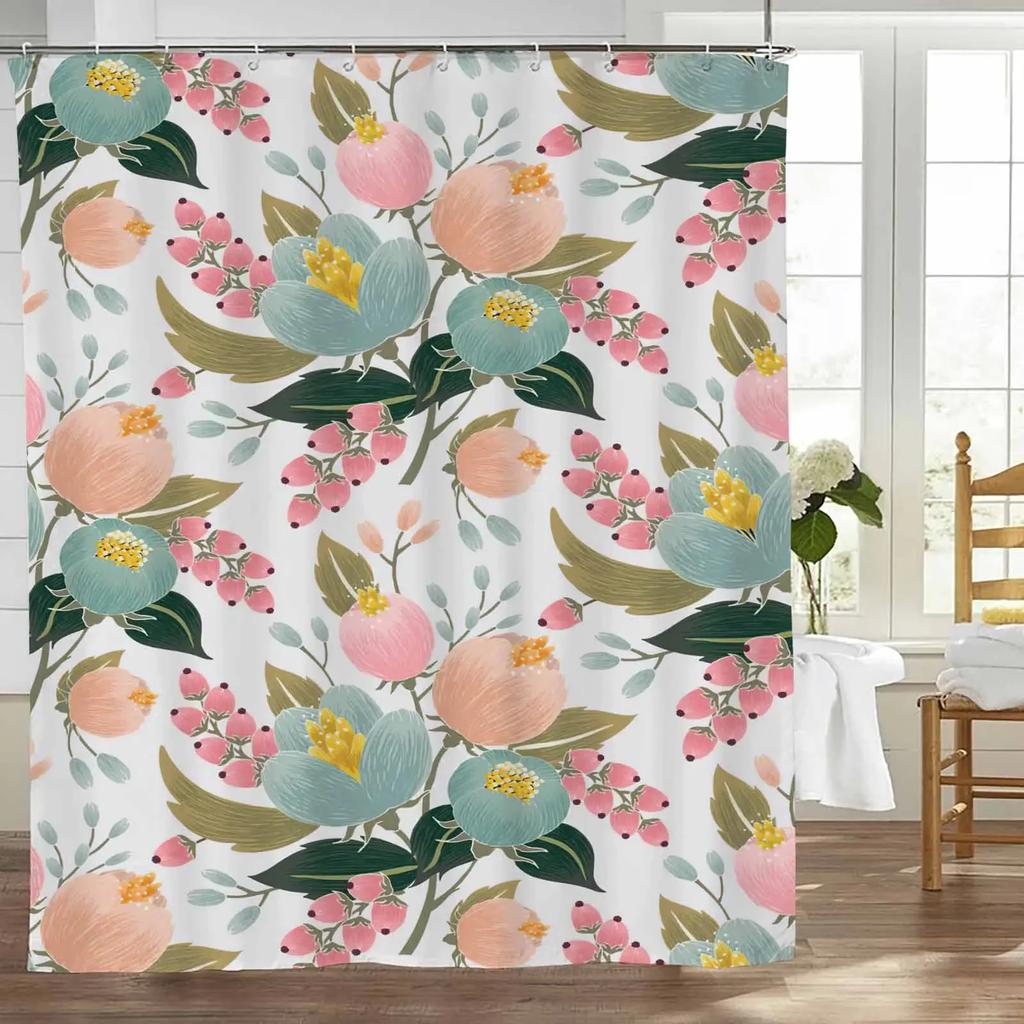 Floral Shower Curtains for Bathroom Pink Plant Flowers Watercolor Butterfly Wildflower Botanical Bathroom Curtain Set,Waterproof