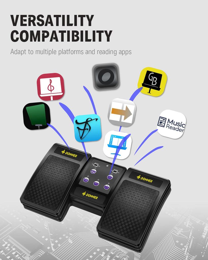 Volteador de páginas para tabletas Donner Volteador de páginas Volteador de música Pedal inalámbrico para voltear partituras Manos libres (Negro)