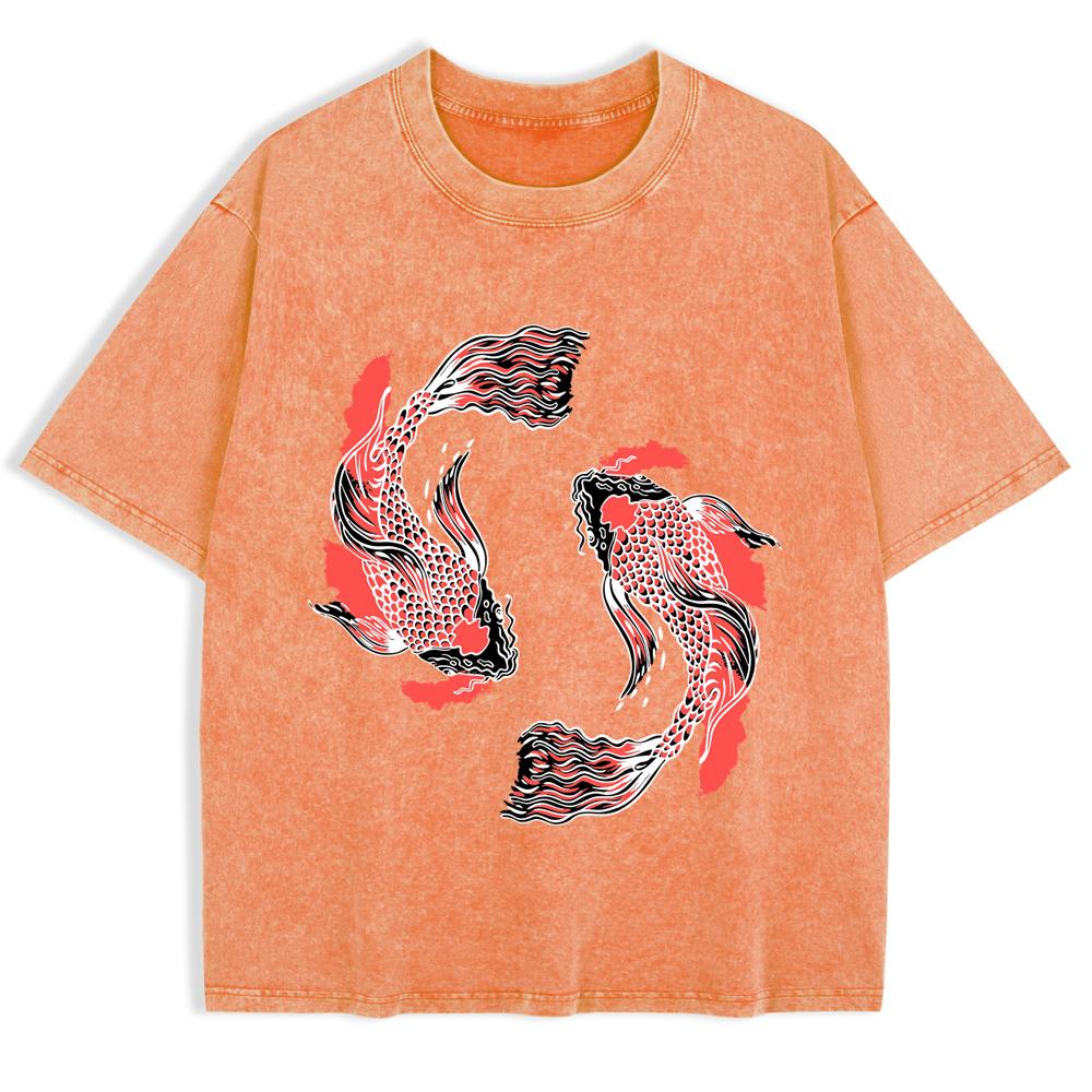 Japanese Koi Harajuku Prints Washed T-Shirts Mens Cotton Short Sleeve Tops Summer Oversize T Shirt Basic Male Clothes