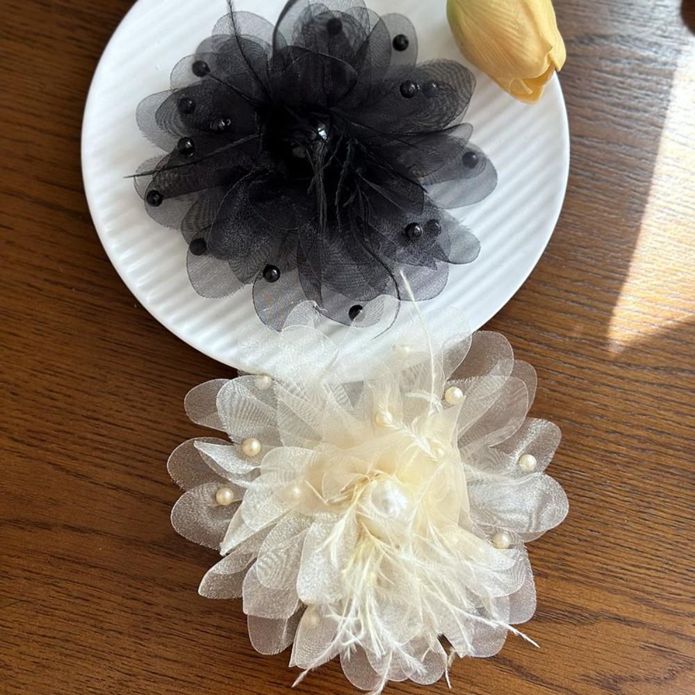 Fabric Lapel Pins Chiffon Feather Mesh Beads Pin Retro Large Flower Brooches