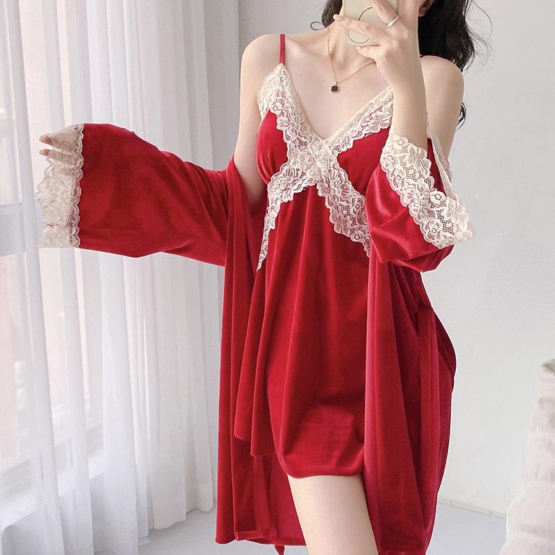 Pajamas women's spring and autumn golden velvet suspender nightgown two-piece set sexy pure desire French loungewear can be worn outside