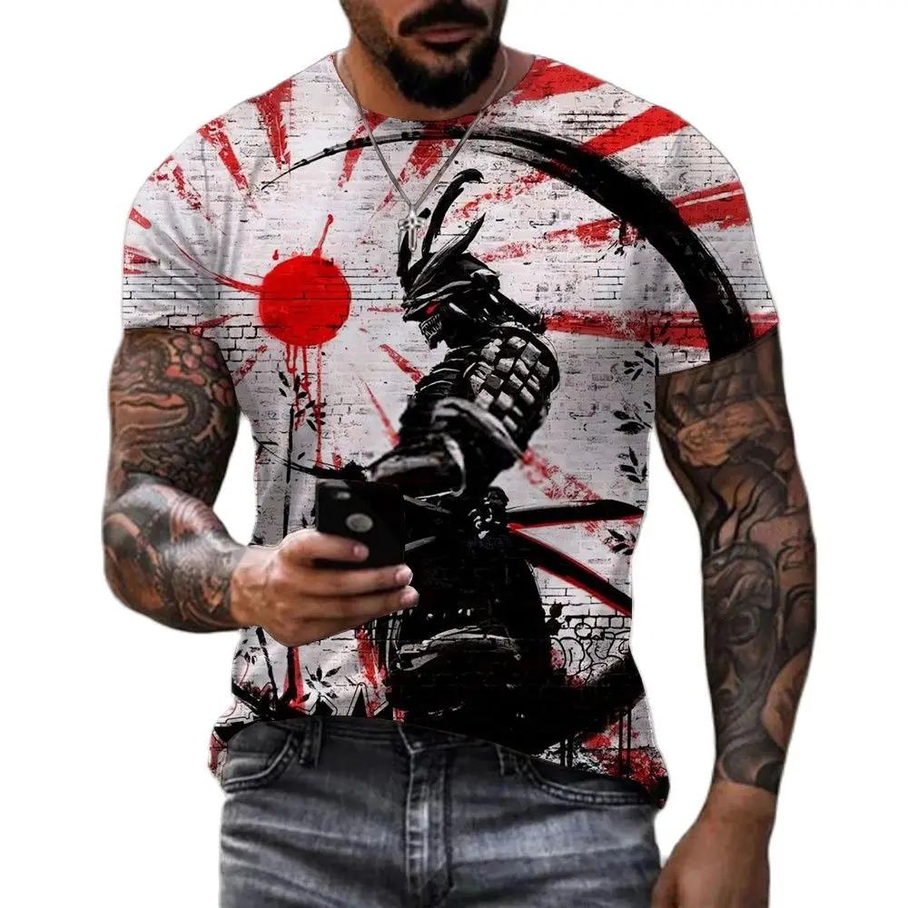 Summer Trend Retro Japanese Samurai Pattern T-shirt Personality Men's T-shirt Harajuku Round Neck Short Sleeve Top T-shirt