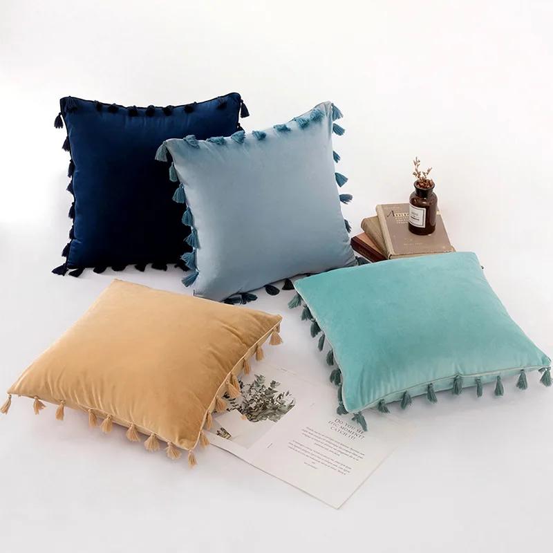 Medicci Home Velvet Soft Solid Decorative Throw Pillow Cover with Tassels Fringe Boho Accent Cushion Case for Couch Sofa Bed