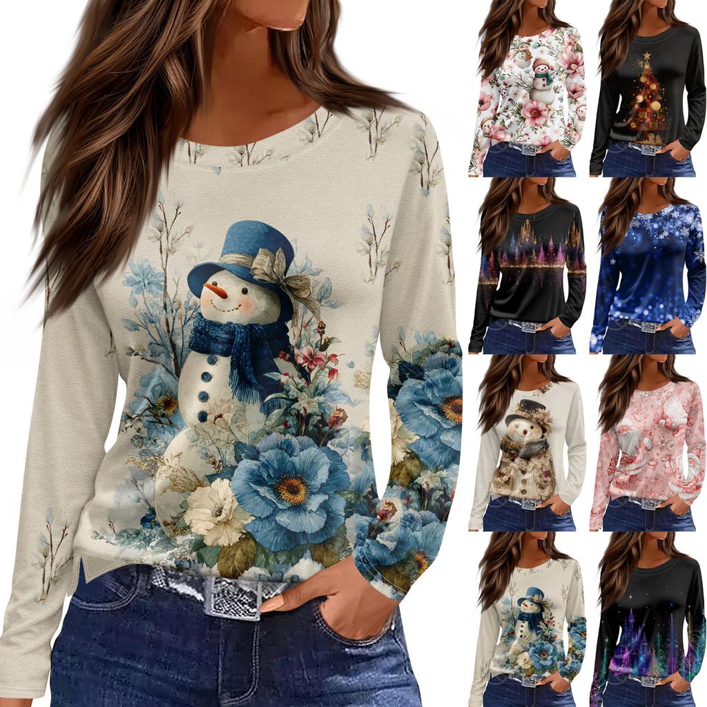 Dame Mote Casual Slitt Kant Rund Hals Langermet Løs Trykket T-skjorte Topp