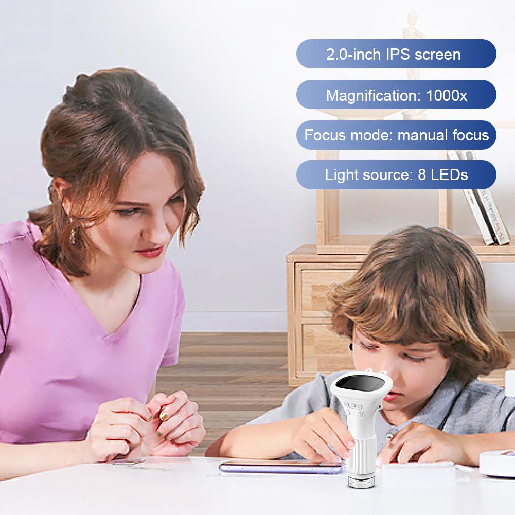 1000X Handheld Digital Microscope 2 Inch IPS Screen Lab Digital Microscopes Equipment Children Biological Insect Coin Magnifier