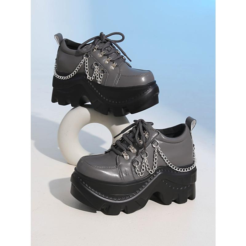 Gothic Punk Klobige Sneaker Damen Schwarzes Ketten-Dekor Plateau Sportschuhe Dicke Sohle Rutschfest Punk Sneaker