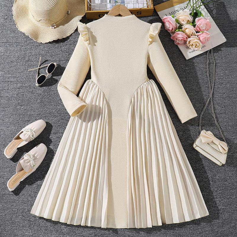 Girls' 8-12 Years Dress – Autumn New Arrival: Stand Collar Elegant Pleated Long-Sleeved Formal Gown