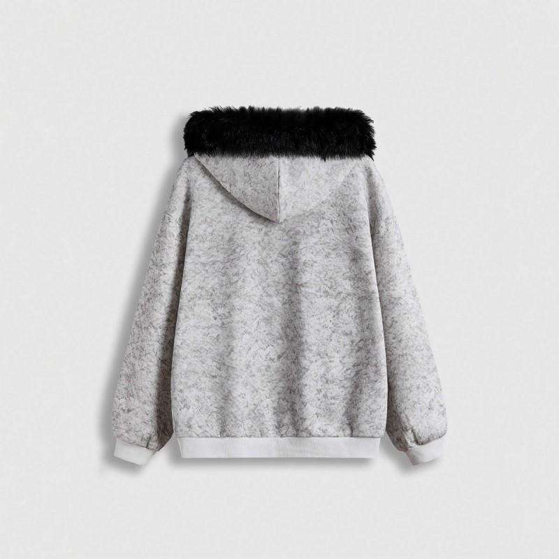 Womens Gothic Style Hooded Zip-Up Sweatshirt With Cross Wing Print Fleece Lined Collar Fall Winter Streetwear