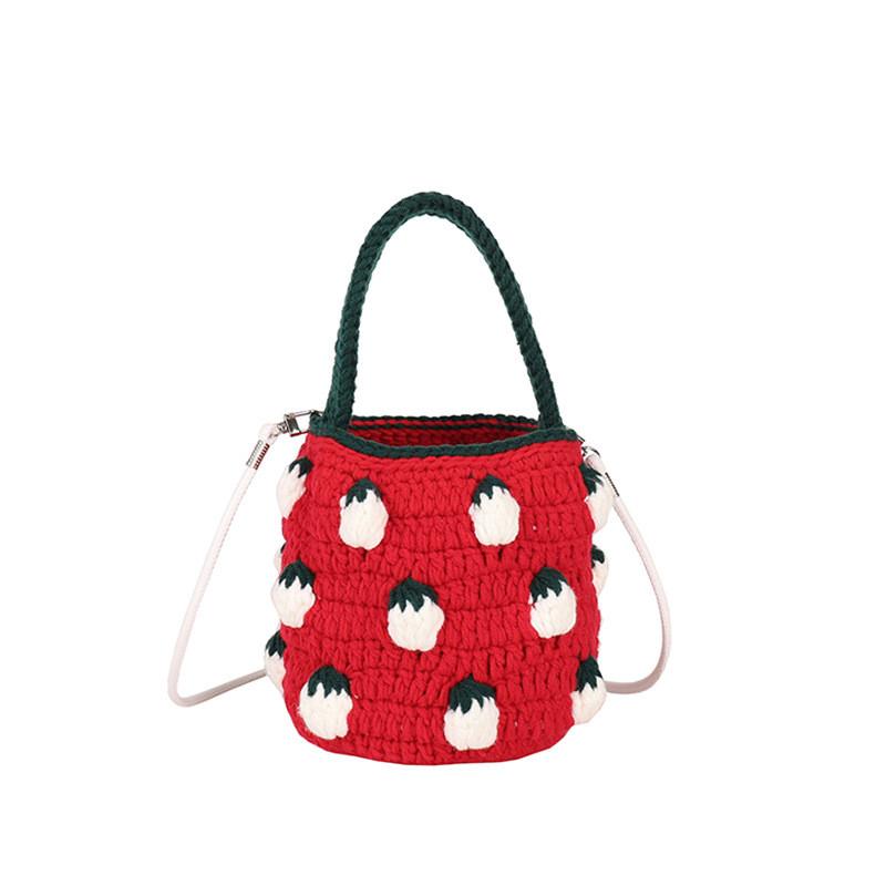Cute Color Blocking Strawberry Pattern Women Knit Handbag For Daily Use