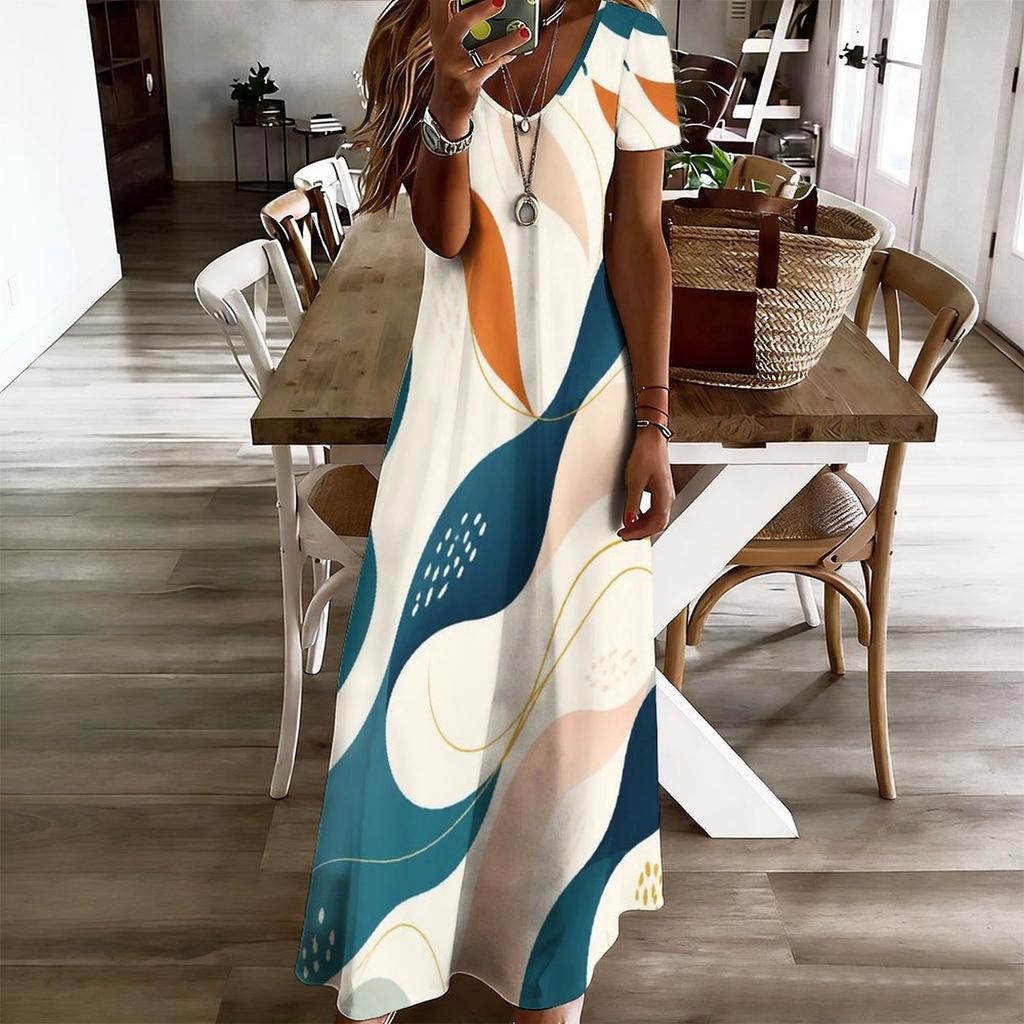 Women Plus Size V Neck Short Sleeve Abstract Printed Straight Maxi Dress