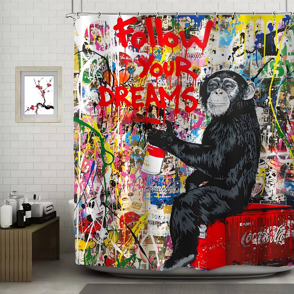 Perdea de duș Banksy Street Graffiti Peisaj de exterior Decor baie Vacanță de vară Perdea de baie din poliester cu cârlige