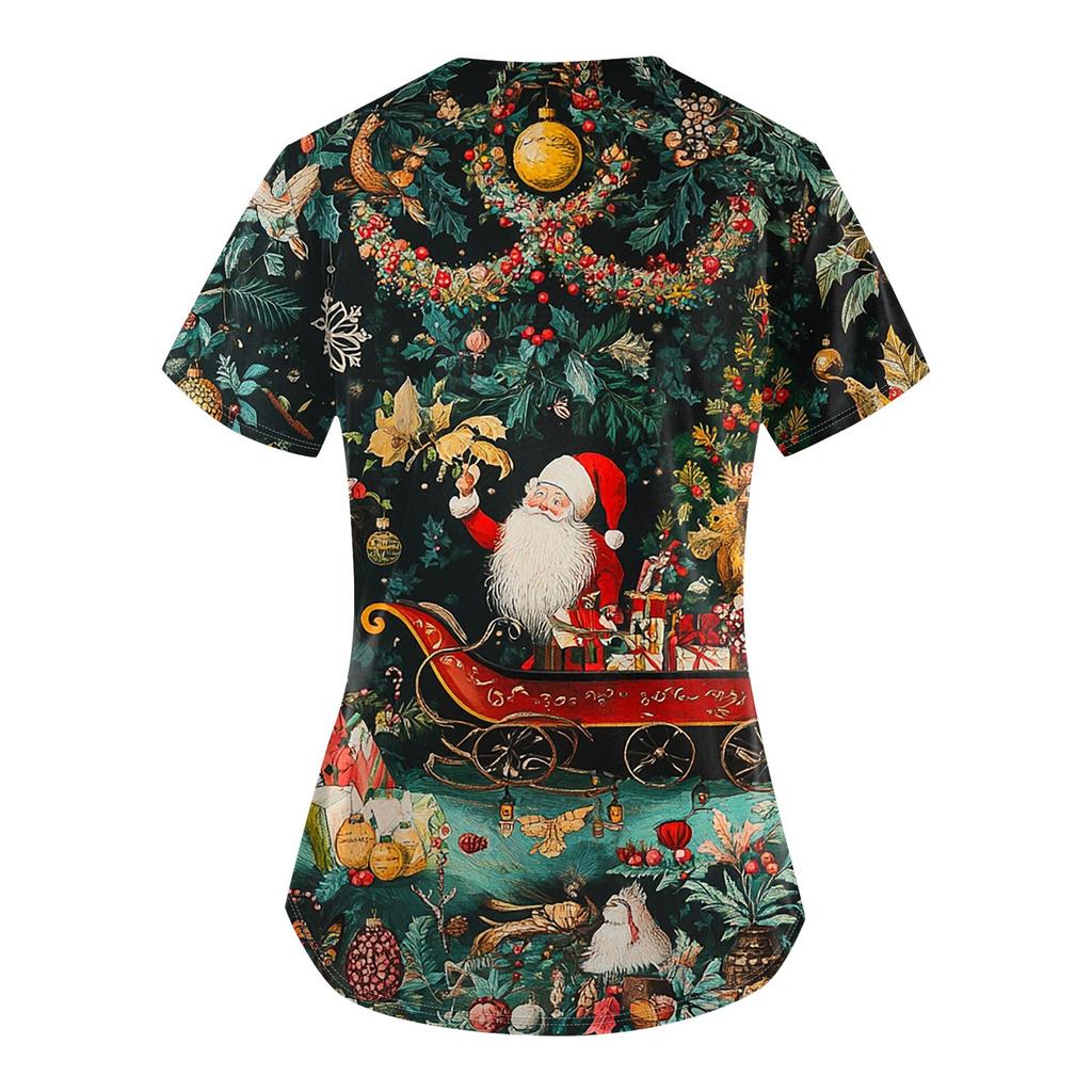 Ladies Short Sleeve Cross V Neck  Print Pocket Top