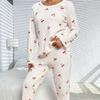 New Autumn Winter Women Coral Fleece Pajama Set, Cherry Printed Fleece Lined Warm Round Neck Loungewear