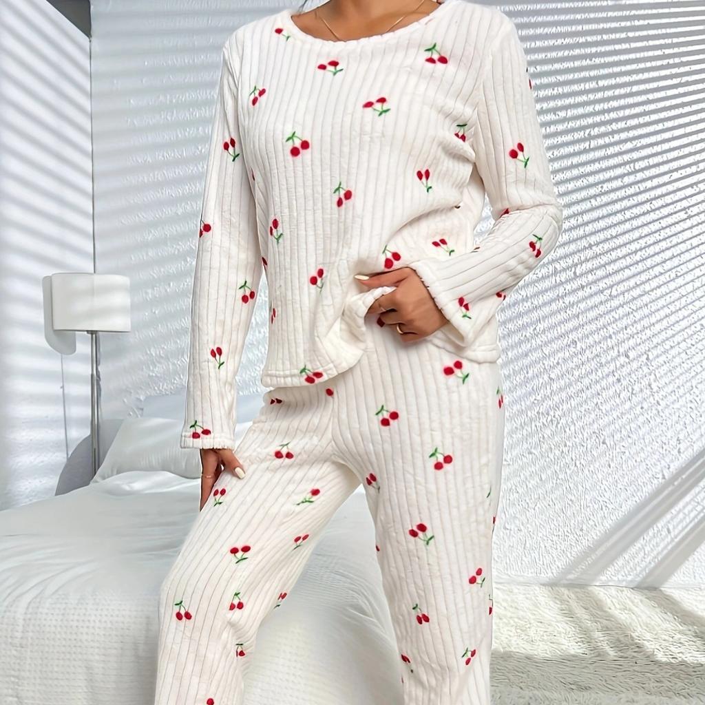 New Autumn Winter Women Coral Fleece Pajama Set, Cherry Printed Fleece Lined Warm Round Neck Loungewear