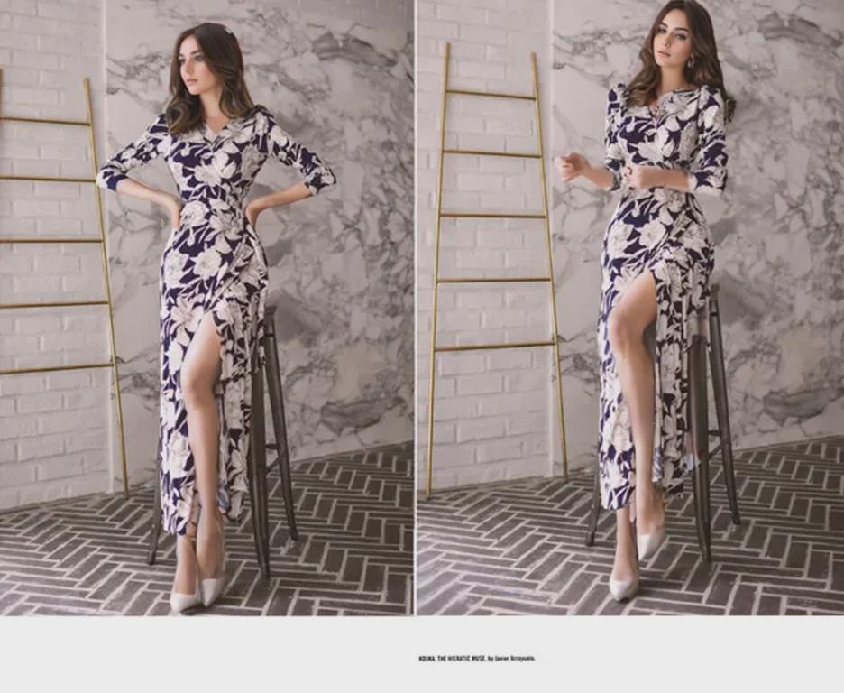 Sukienka kopertowa z szyfonu ze sznurowaniem i rozcięciem w talii - Elegancka długa spódnica