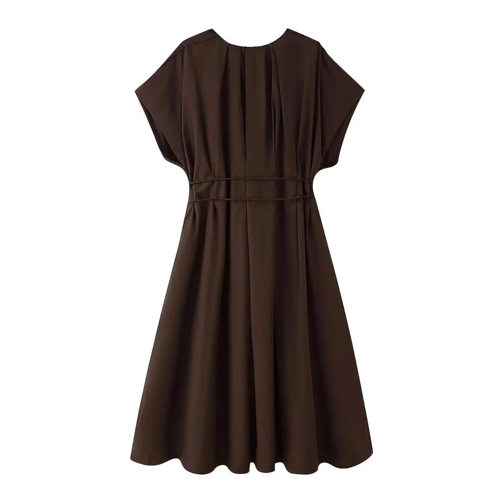 Vintage Women Dresses Fashion Single Breasted Sashes Draped V Neck Sleeveless Solid Ladies Dresses