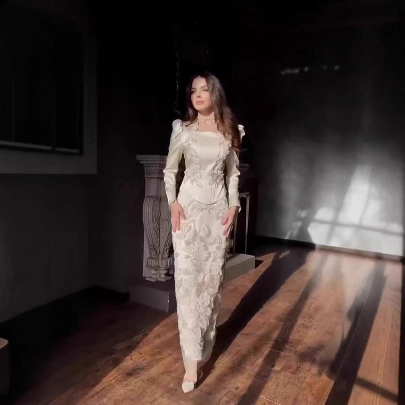 2025 Womens Solid Color Heavy Lace Floral Long Sleeve A-Line Dress V-Neck Loose Fit