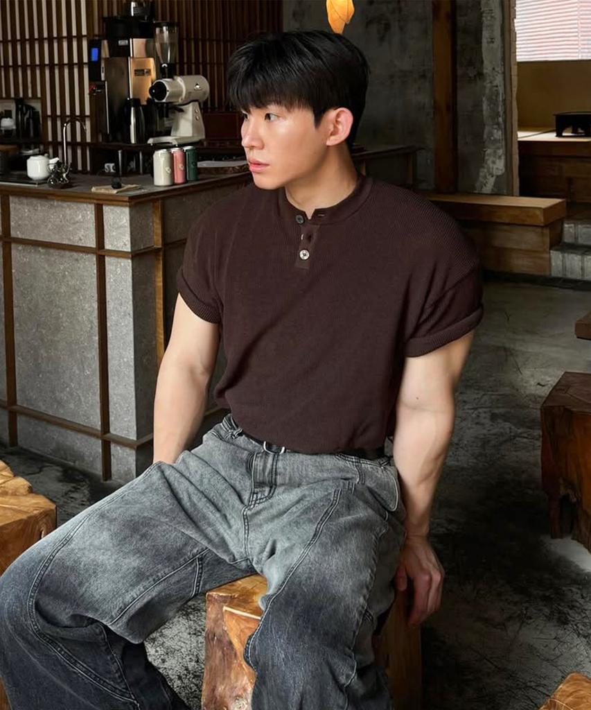 KNITTED Coolever Henley Neck Short Sleeve Knit Brown