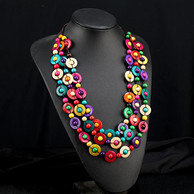Vintage Bohemian Coconut Shell Wood Necklace Woven Long Multilayer Colored Women's Sweater Chain Vacation Accessories
