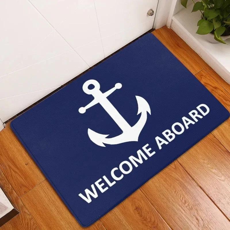 1Pc White Anchor & Navy Blue Nautical Washable Door Mat Non Slip Entrance Floor Carpet Easy To Clean Hallway Bath Kitchen Rug