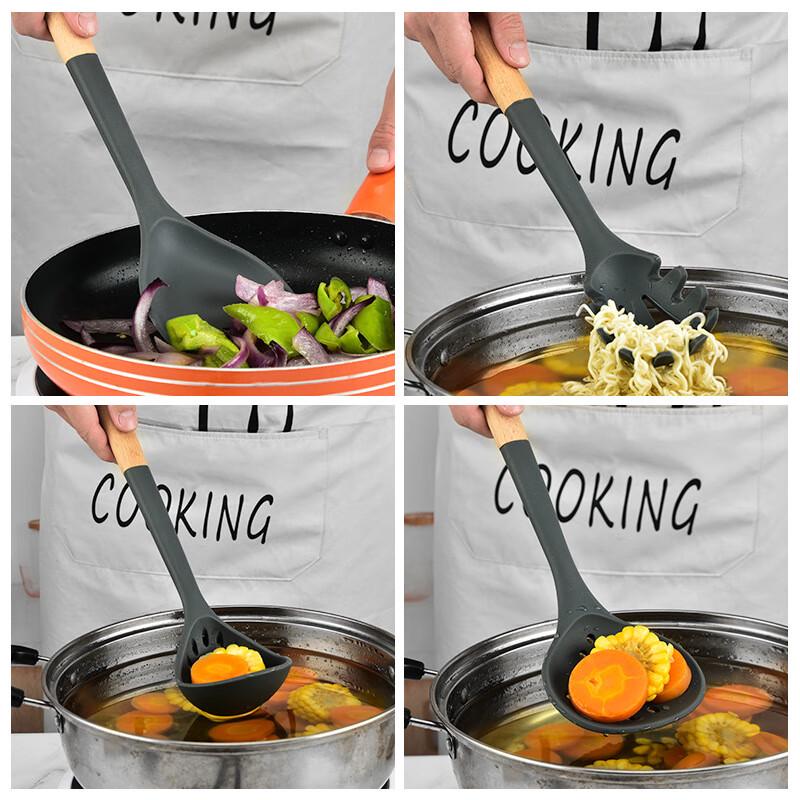 Silicone Kitchen Utensil Set with Wooden Handles