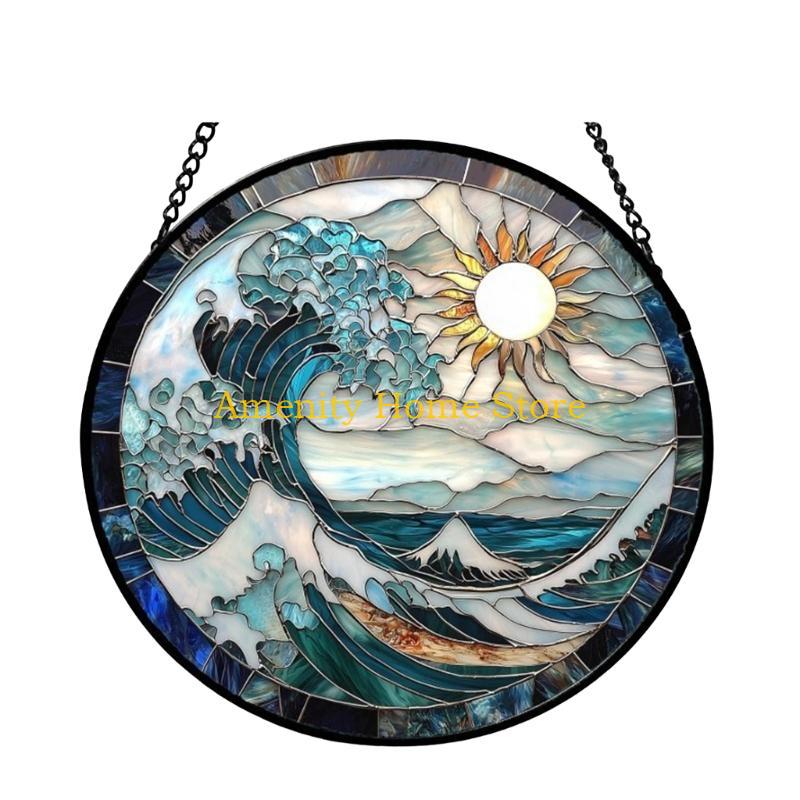 

F26C Stained Glass Window Hanging,Blue and White Waves Sun Catchers Hanging Ornament (as the picture,black chain)