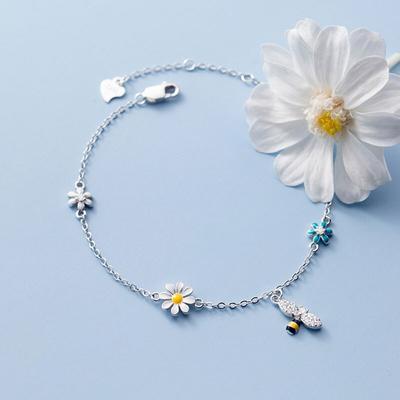 Braccialetto a forma di ape con fiore colorato in argento sterling 925, dolce e semplice, con catena in zircone